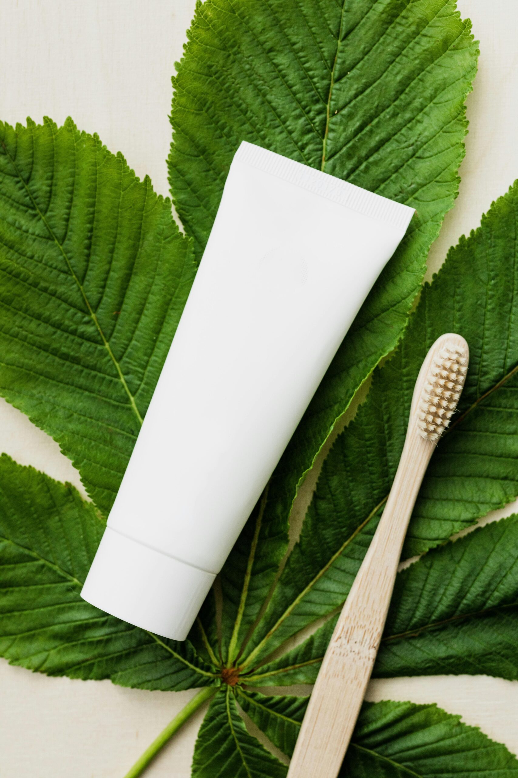 Bamboo toothbrush and tube on leaves promoting eco-friendly dental care.